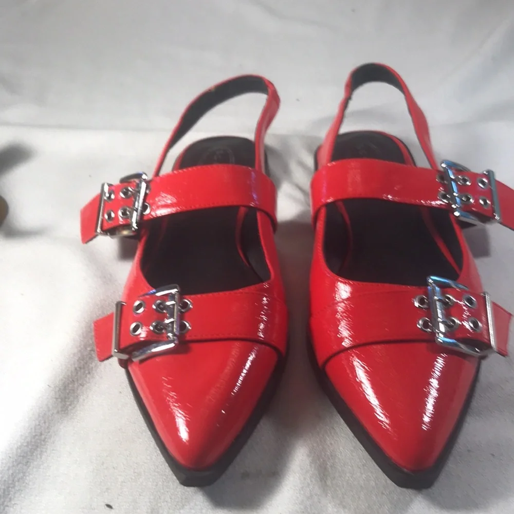 Women’s  Red Vegan Patent Leather Slingback Flats with Double Buckle Detail Sz10